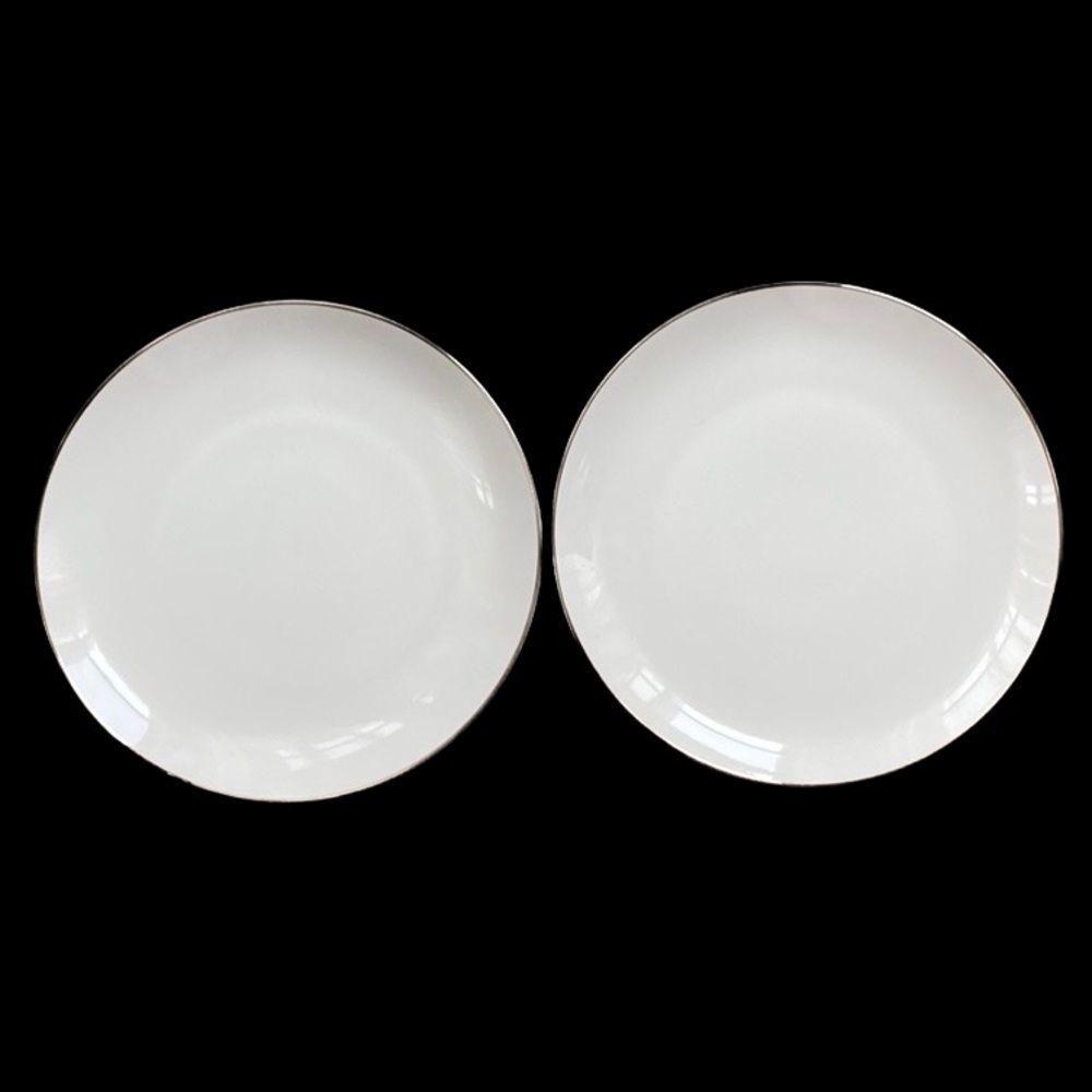 Regal by Mikasa Fine China 2 Dinner Plates #5536 Solid White Platinum Trim